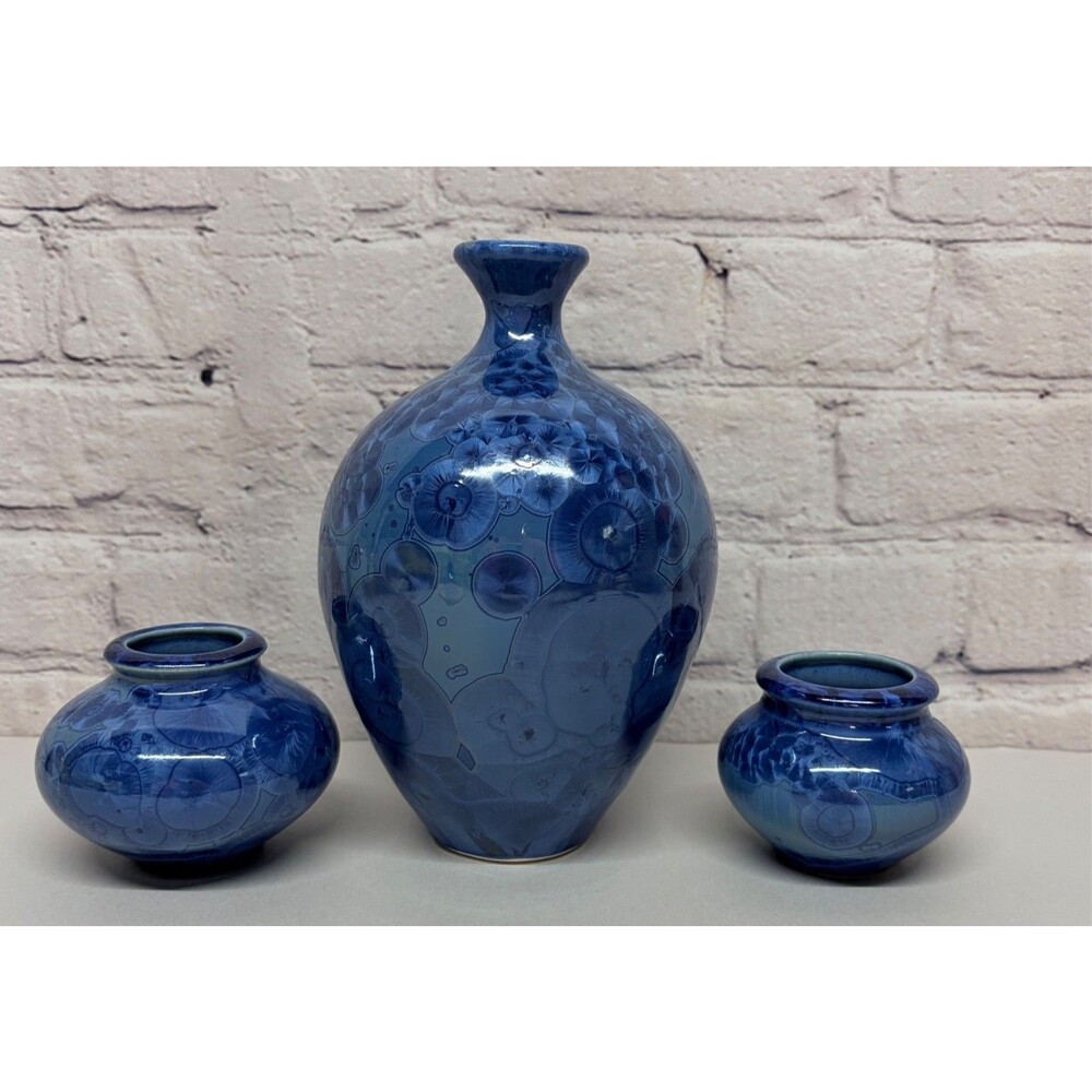 Bill Campbell Crystalline Art Pottery Blue Vase Pot Set of 3  Signed